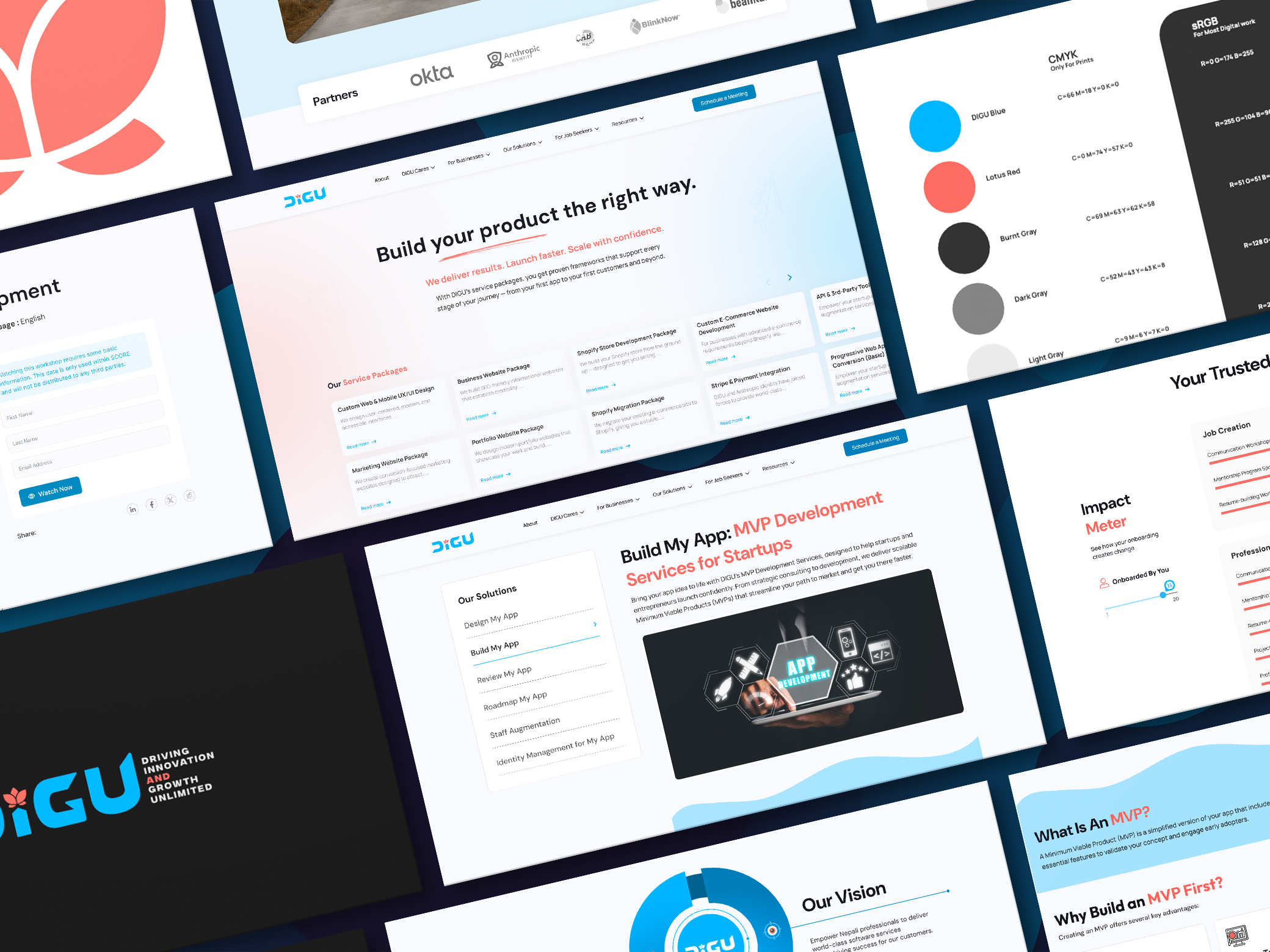 DIGU brand system and website interface screens showing the redesigned digital experience