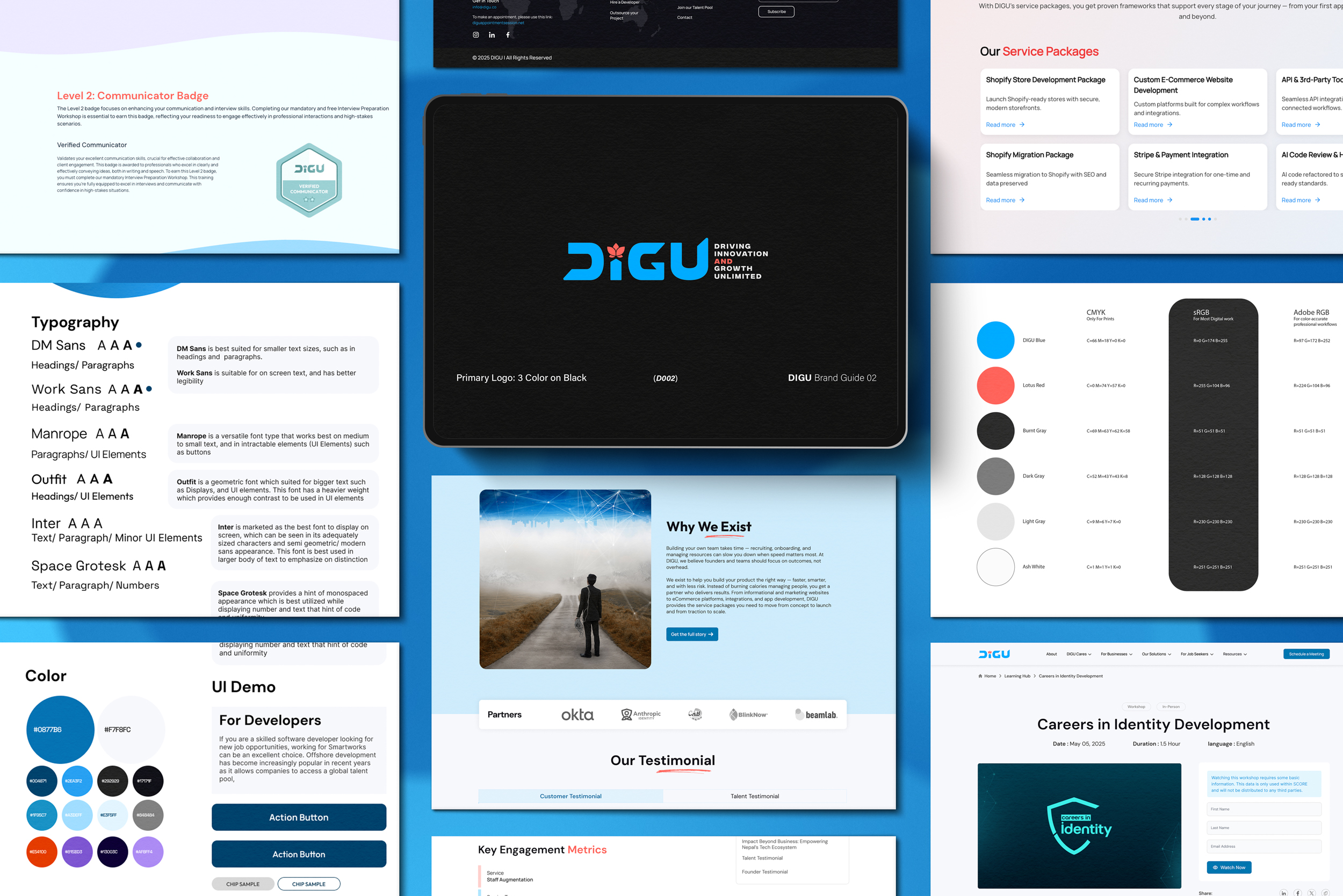 DIGU brand system showing typography, color palette, logo standards, and website applications