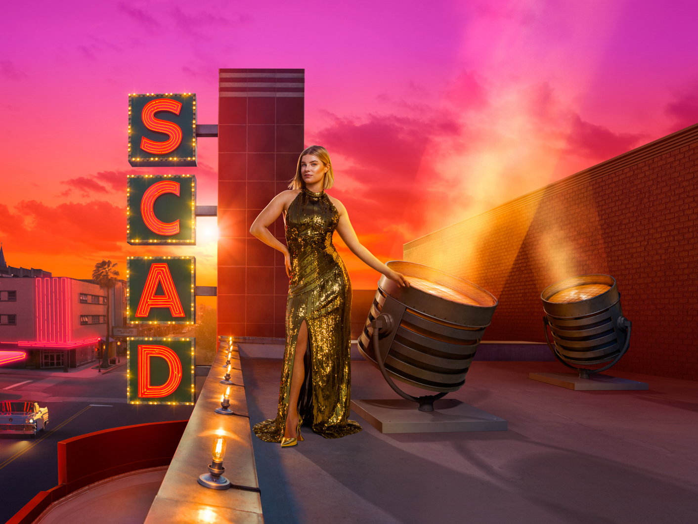 Ava Smith posing at Trustees Theater for the 2024 SCAD Savannah Film Festival campaign