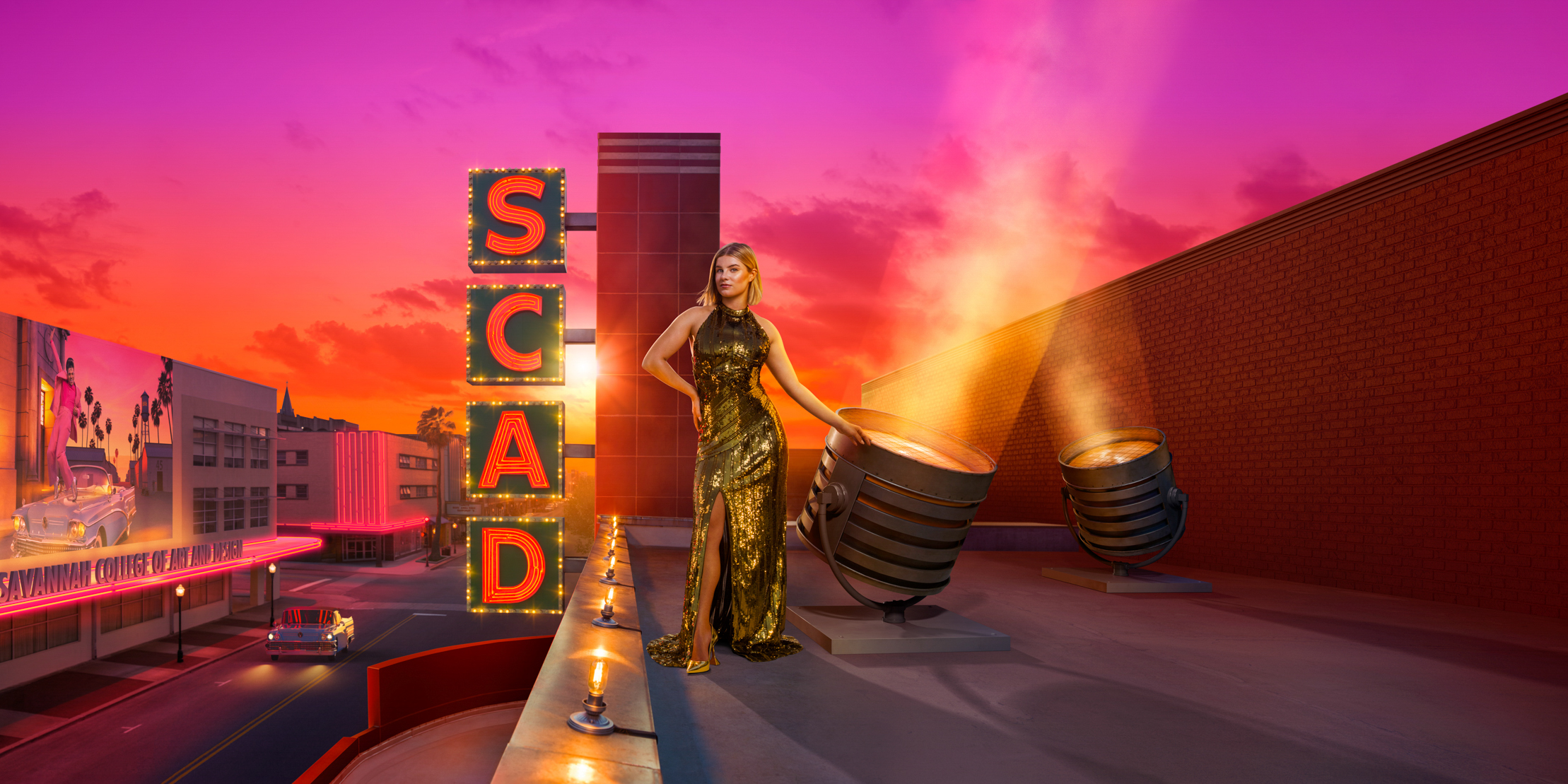 Ava Smith posing at Trustees Theater for the 2024 SCAD Savannah Film Festival campaign