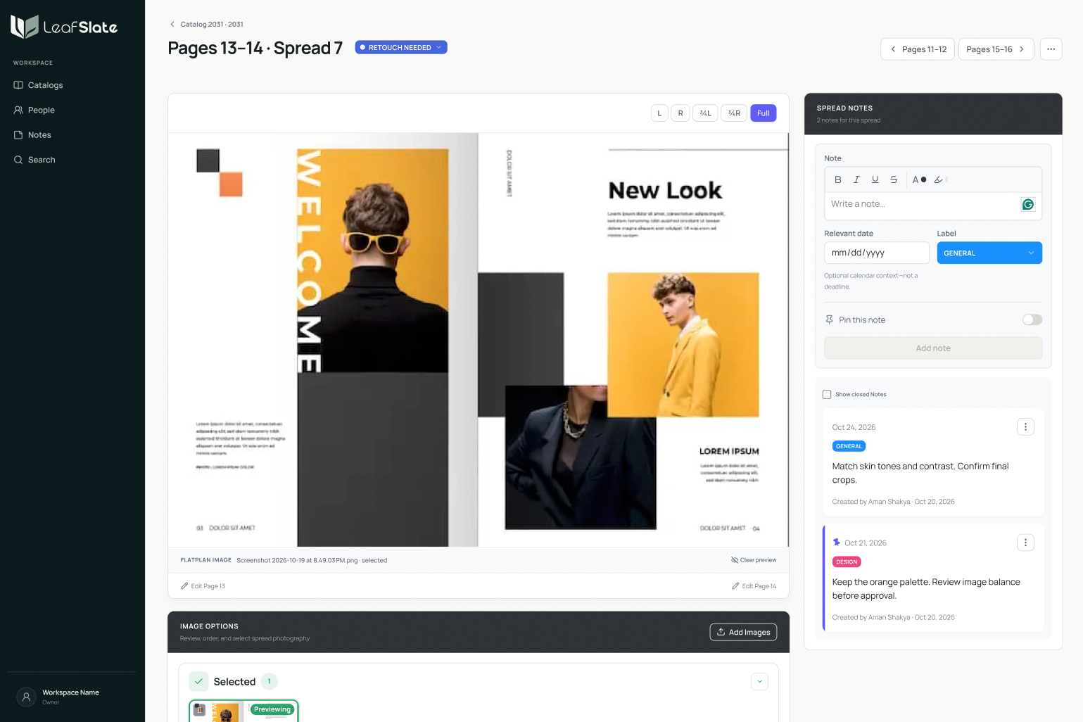 LeafSlate spread workspace showing a selected magazine spread, image options, notes, and production status.