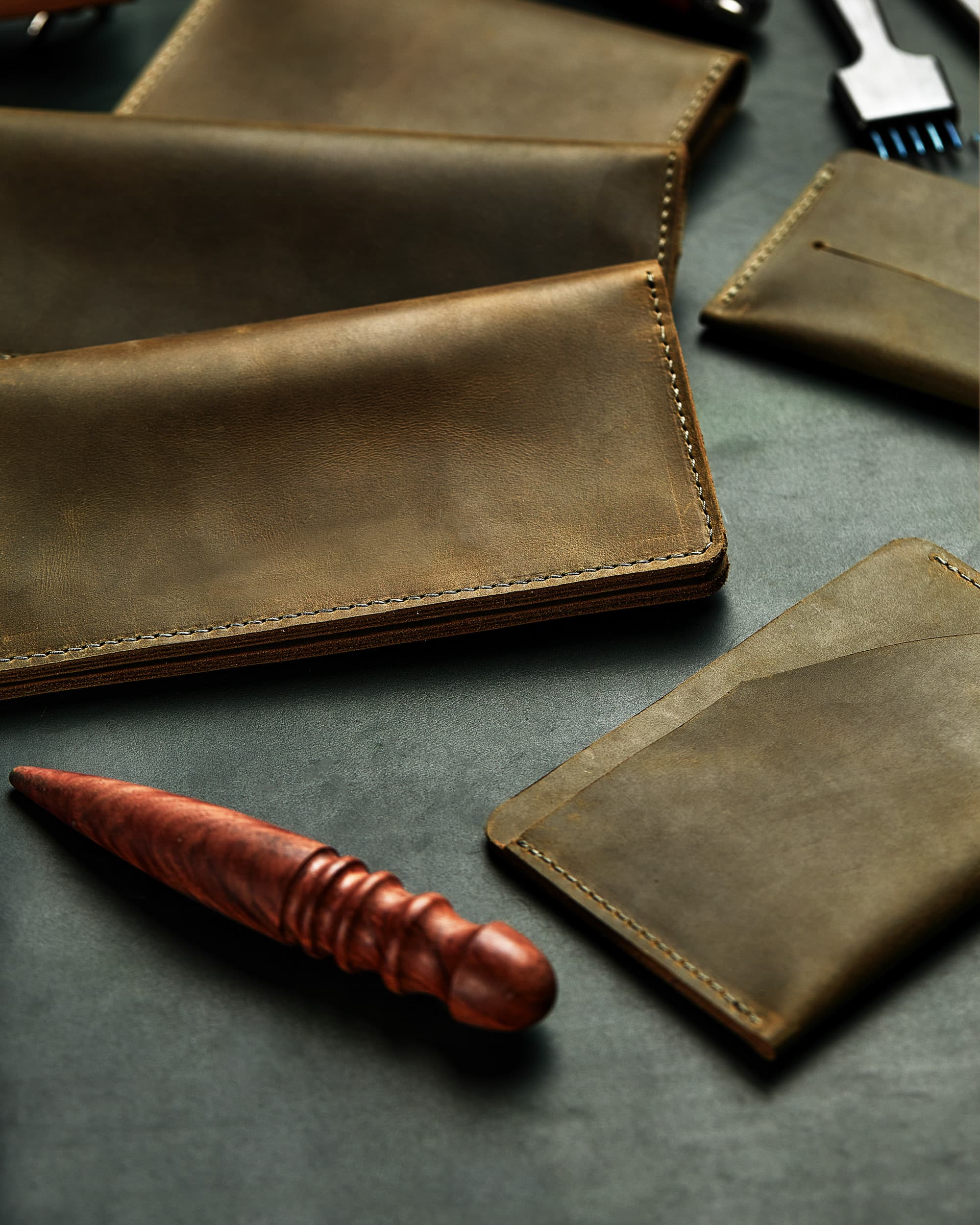 Leathercraft tools and materials in a workshop