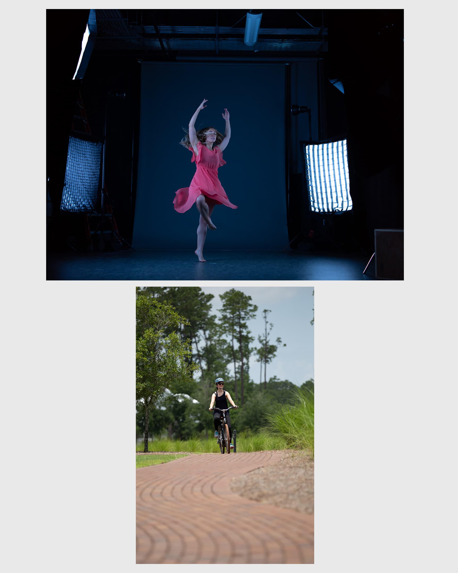 Dancer in a flowing pink dress performing on a curved outdoor brick path — before retouching