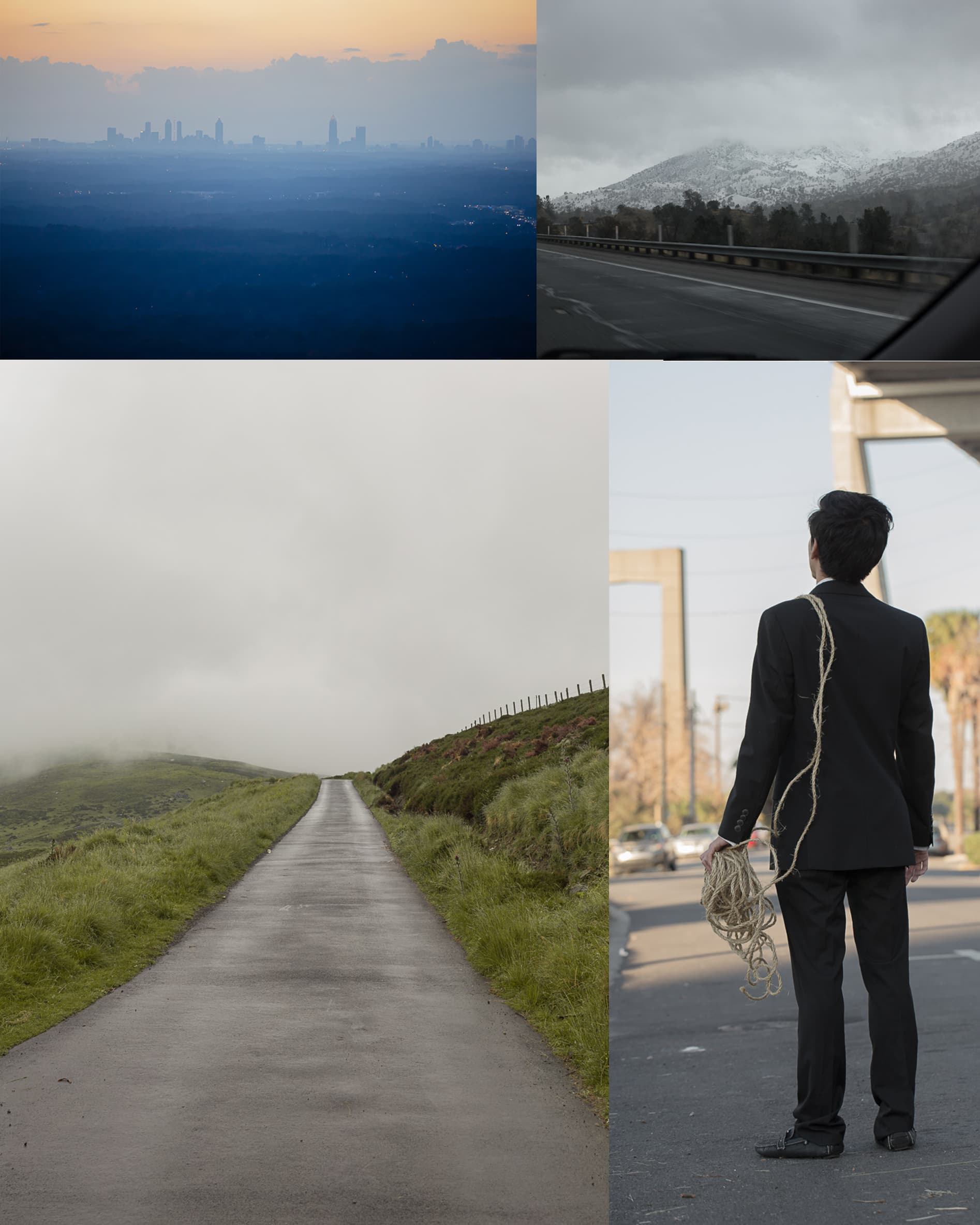 Man standing alone on a road leading toward a foggy distant city skyline — before retouching