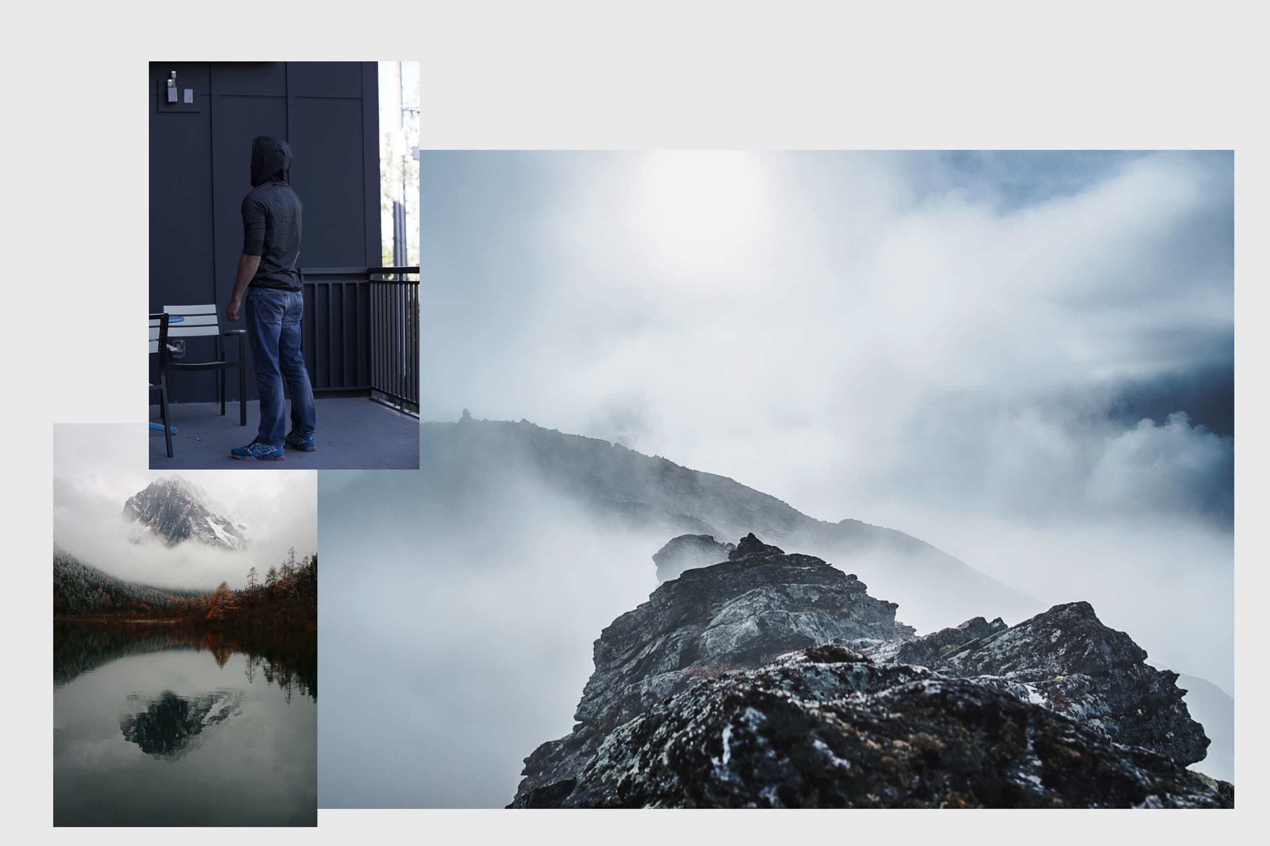 Solitary figure standing on a rocky mountain ridge surrounded by mist and snow-covered peaks — before retouching