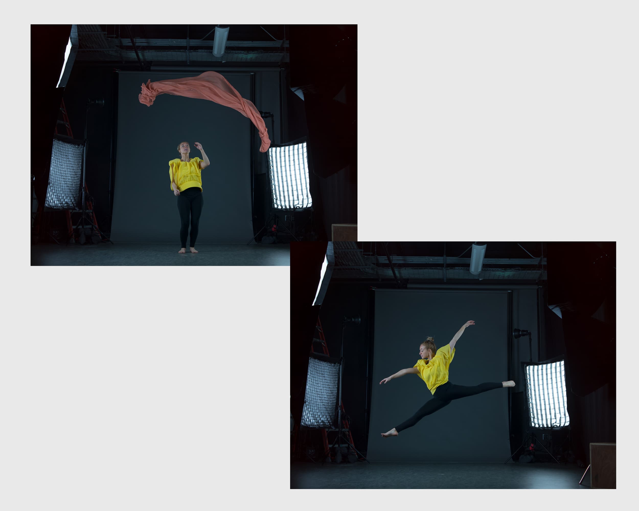 Dancer leaping in a dark studio with flowing yellow fabric arcing overhead — before retouching