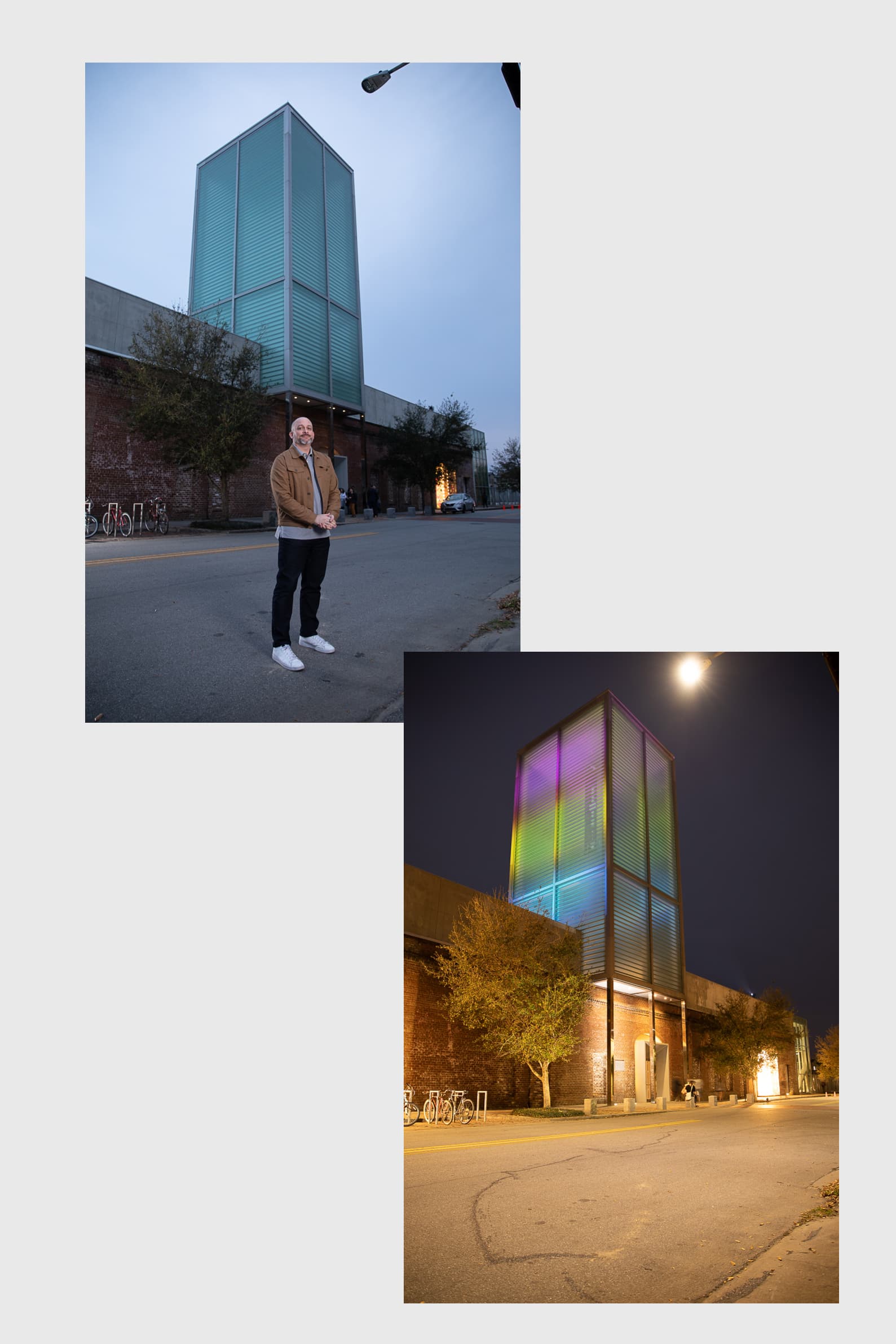 Portrait of a man outside the SCAD Museum of Art beneath an illuminated multicolor tower — before retouching