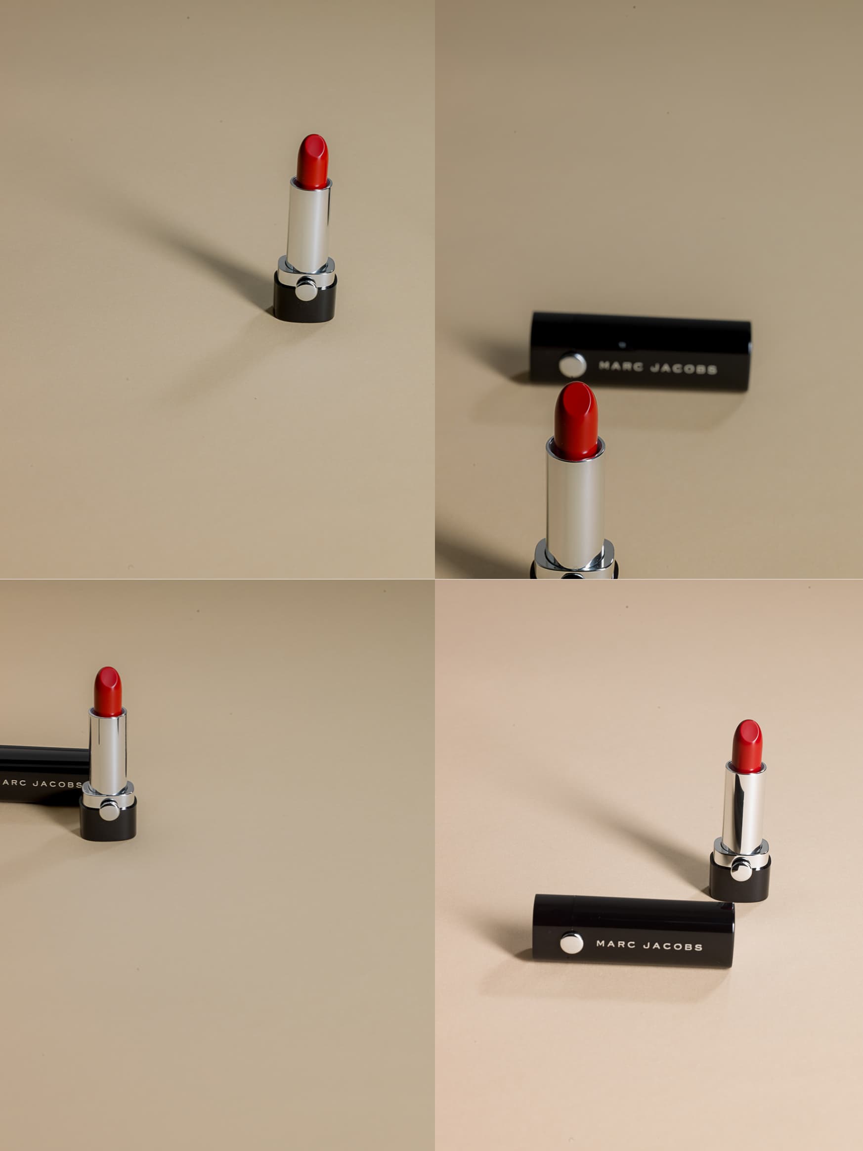 Red Marc Jacobs lipsticks arranged in a graphic studio still life with directional shadows — before retouching