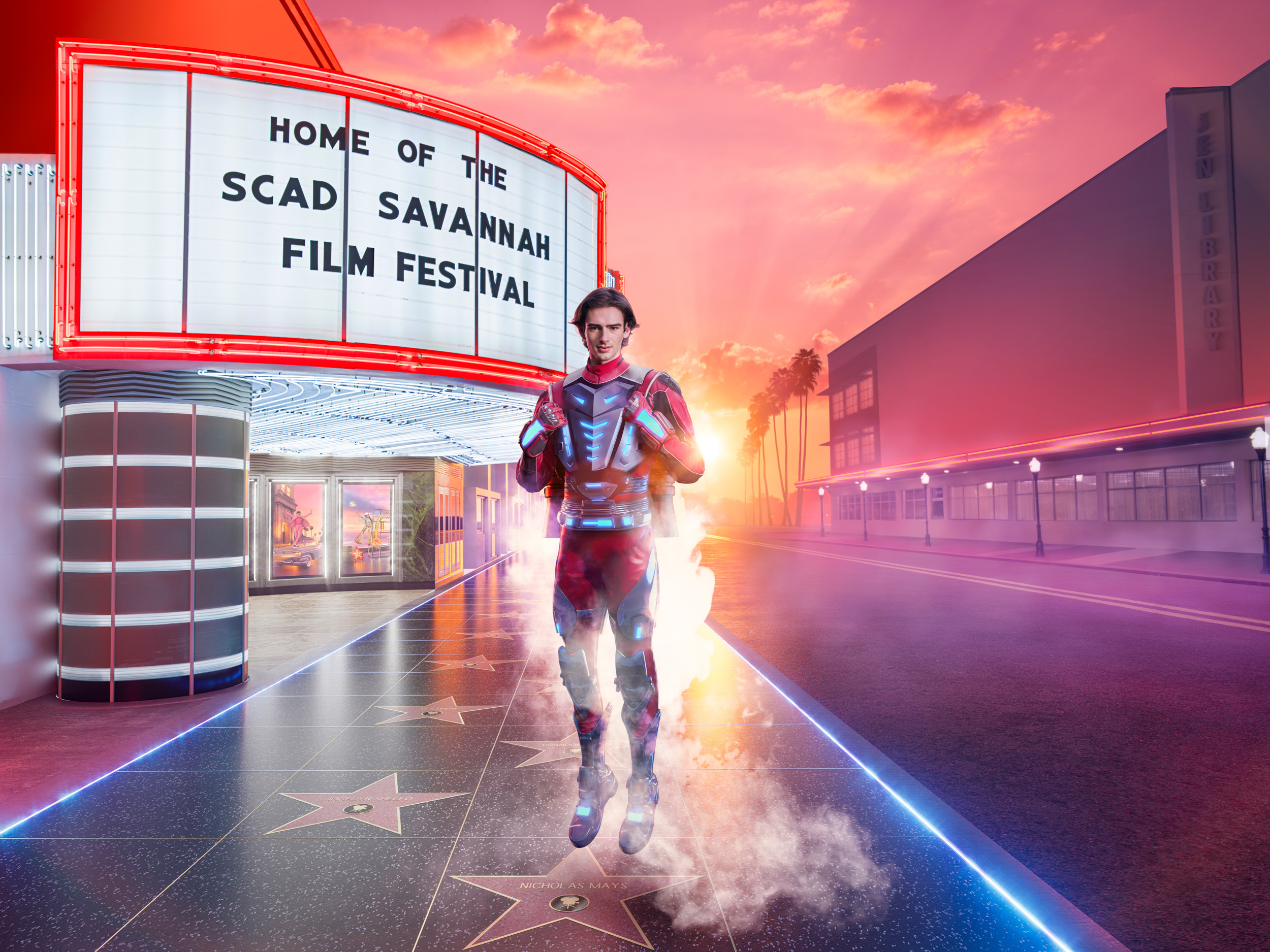 Nicholas Mays posing outside Trustees Theater for the 2024 SCAD Savannah Film Festival campaign